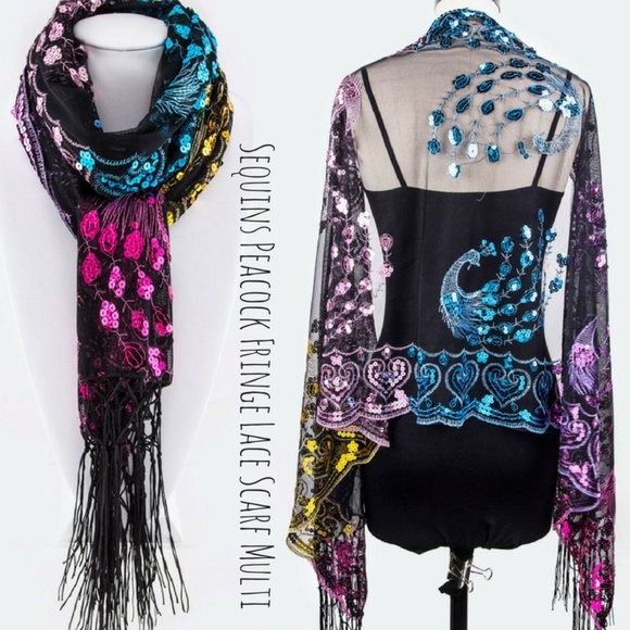 Scarf - Sequins Peacock Fringe Lace Multi - Picture 4 of 4